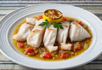 Filetes de pescado blanco, con tomate y limón asado, listos para ser disfrutados. ¡Un pez ballesta se come así de bien!